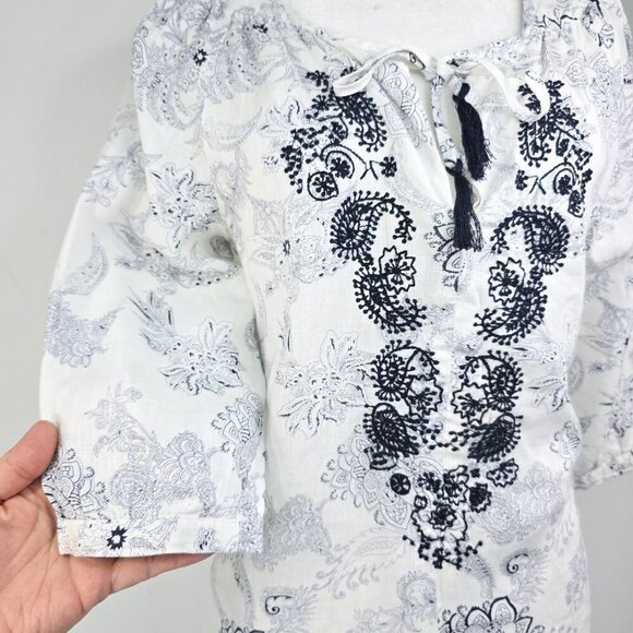 Malvin Hamburg White Linen Paisley Floral Embroidered Tunic Tasseled Top Germany - Picture 5 of 8
